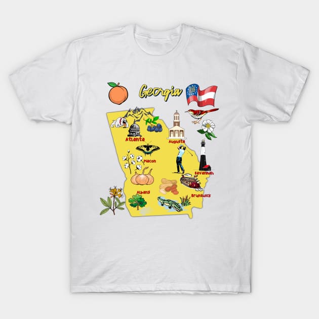 map of Georgia state with major cities, Tourist Destinations, USA T-Shirt by Mashmosh